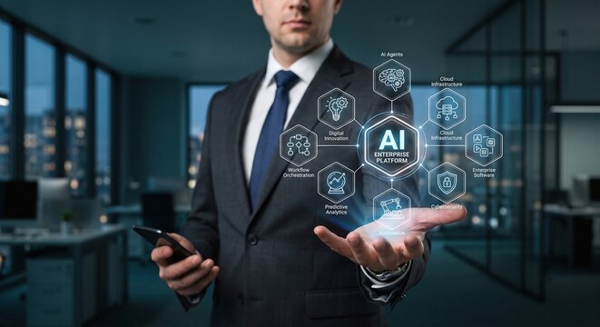 IT professional holding a holographic AI Enterprise Platform with workflow orchestration and predictive analytics