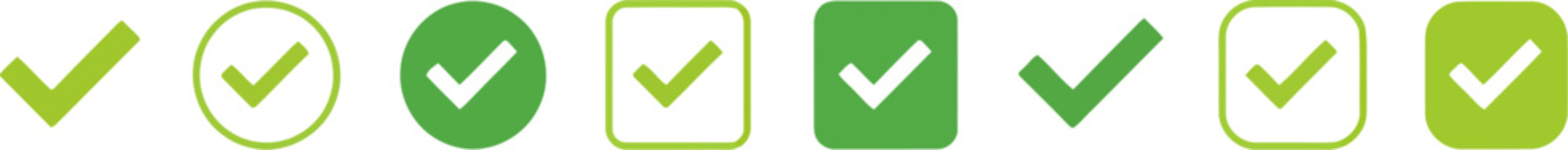 A collection of various green check mark icons and symbols for business tasks and survey completion