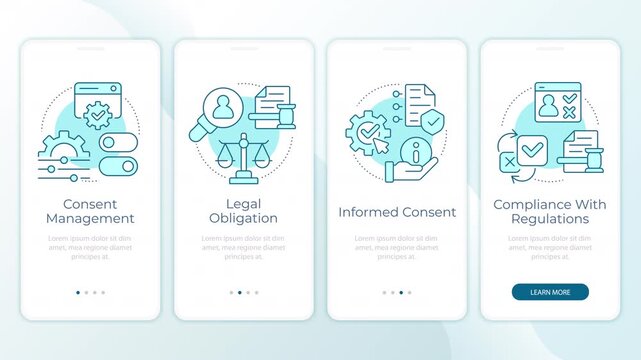 Digital data privacy compliance animated onboarding mobile app screens. Modern regulatory frameworks. UI layout animation with cyan line concept icons. Modern flat interface style motion graphics