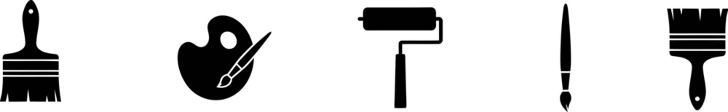 Set of black silhouette icons representing various painting and artistic tools for creative design projects