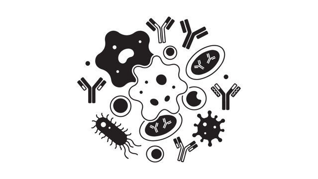 Immune System Elements: Antibodies, Bacteria, Viruses, and Cells in a Circular Composition