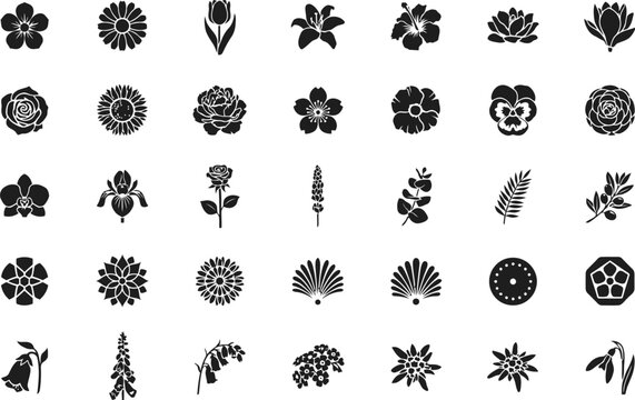 Collection of various flower icons and botanical silhouettes set in a black and white flat design style