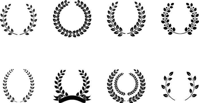 Set of various black laurel wreath icons for awards and heraldic design elements on white background