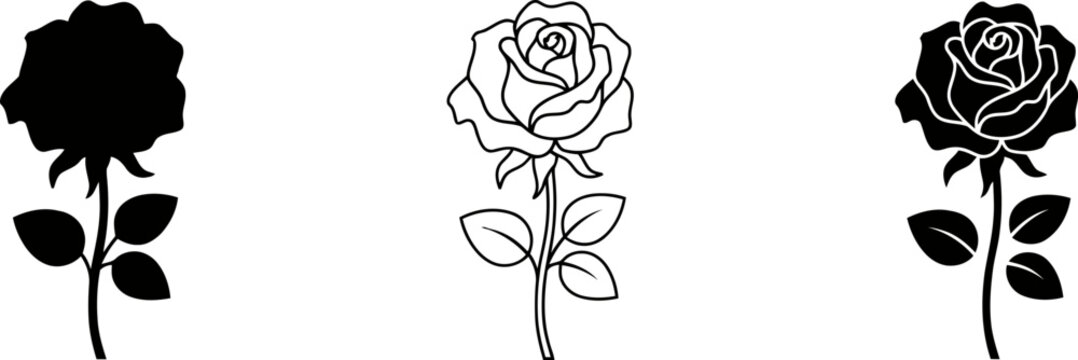 Set of three rose flower icons featuring solid silhouette outline and detailed graphic design styles on white