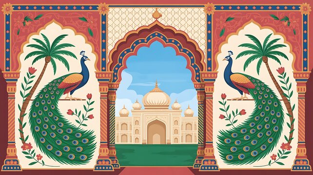 Traditional Mughal Garden, arch peacock illustration for wallpaper. Mughal Garden, Water lily and swan in a beautiful lake illustration.
