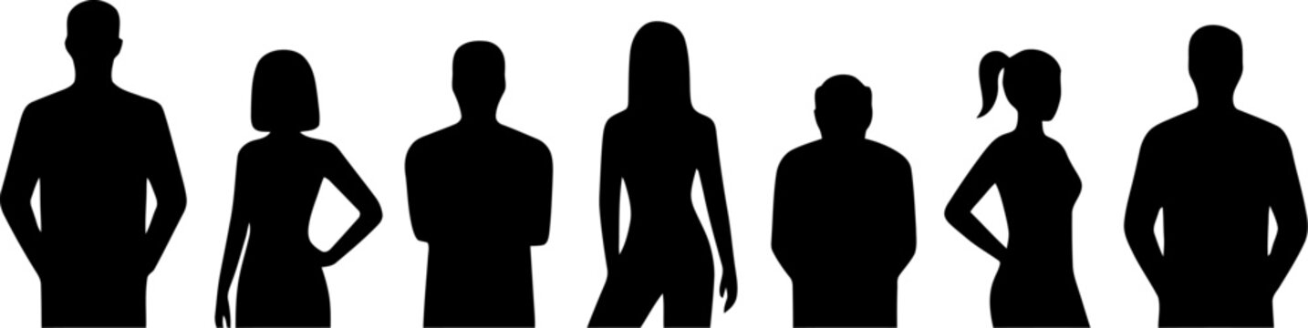 A collection of diverse human silhouettes representing a group of people standing together in a row