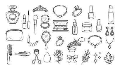 Obraz premium Hand Drawn Beauty Makeup and Jewelry Line Art Vector Clipart Collection