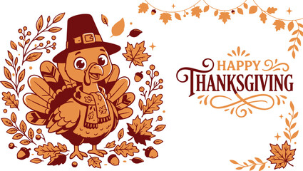 Naklejka premium Cute cartoon turkey wearing a pilgrim hat surrounded by autumn leaves for a festive thanks giving holiday celebration