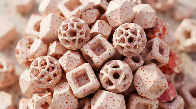 Abstract geometric shapes pile of pink and white cubes with black dots
