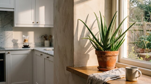 Potted Aloe Vera Plant on a Sunlit Wooden Windowsill