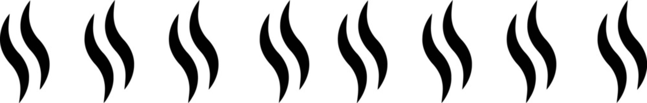 A row of black steam or smoke icons isolated on a white background for food and drink design