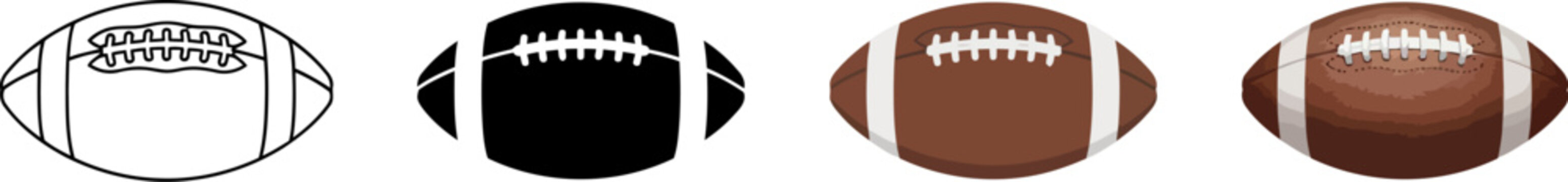 Set of four american football icons showing different styles including outline black silhouette and realistic textured designs