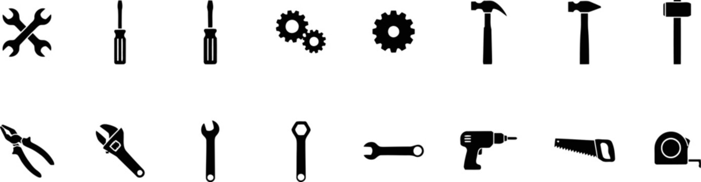 Set of black silhouette construction and repair tool icons isolated on a white background