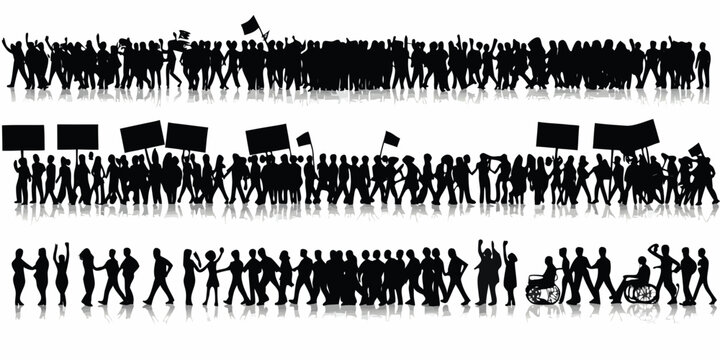 Protest March Silhouette Vector Illustration With Reflective Surface And Raised Hands