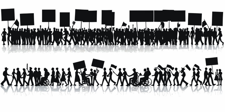 Protest march silhouette vector illustration with diverse demonstrators and reflective surface