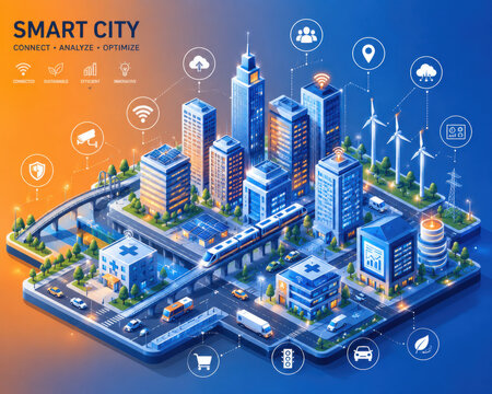 Isometric smart city concept with digital buildings and technology icons