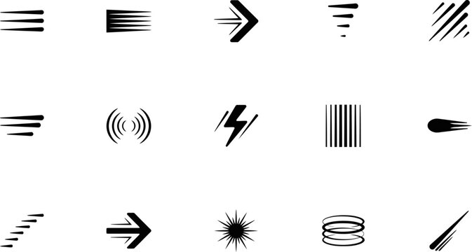 Set of black and white comic book style speed lines and motion effect icons for graphic design