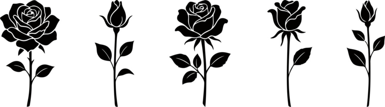 A collection of five different black rose silhouettes isolated on a white background for graphic design projects