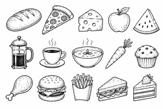 Set of hand drawn food and drink doodle icons on a simple layout