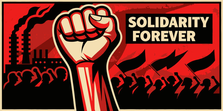 Raised Fist And Factory Silhouette In Constructivist Style Propaganda Poster