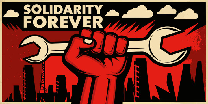 Hand Holding Wrench Illustration In The Style Of Soviet Constructivist Propaganda