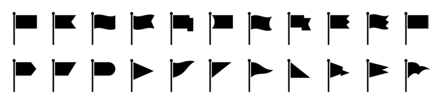 Black flag icon set, Waving flag silhouette collection in ribbon, swallowtail, rectangular and triangular shapes, Vector illustration