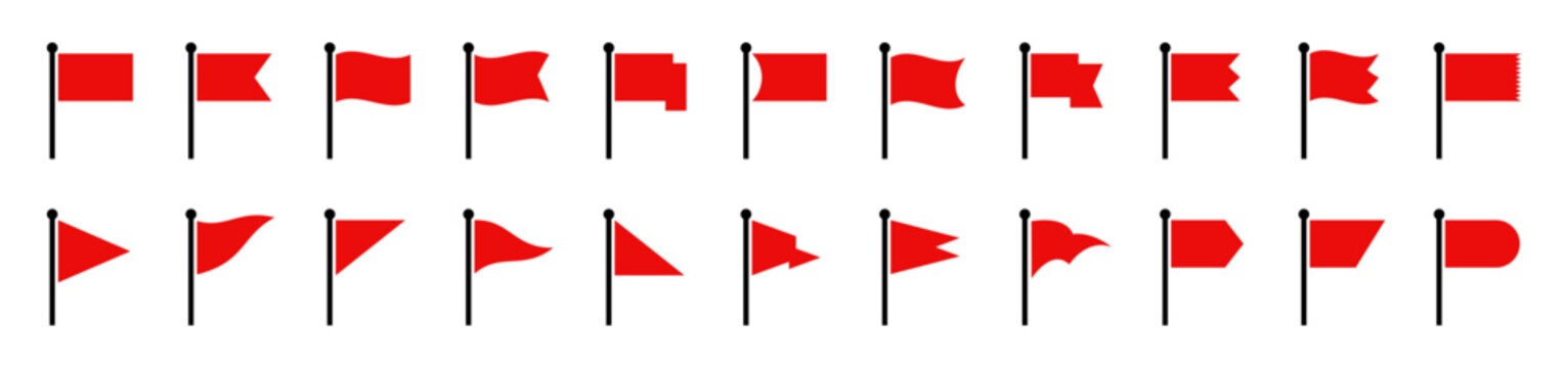 Red flag icon set, Waving, ribbon, pennant and triangular flags with flagpole for navigation, maps, events, sports and location markers, Vector illustration.