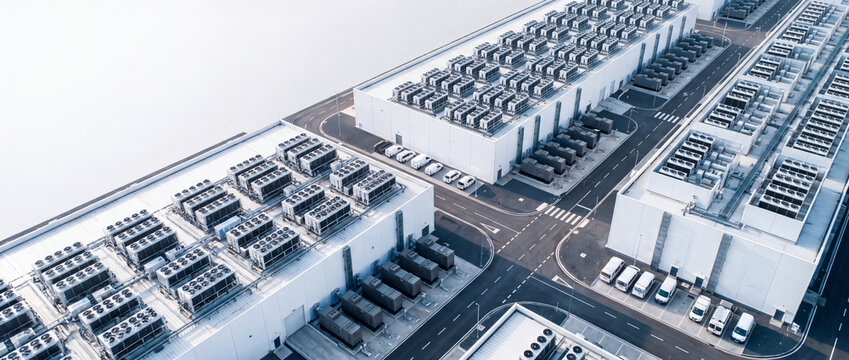 Aerial view of data center cooling equipment arranged on white industrial rooftops with blue daylight tones, ideal for cloud infrastructure, enterprise server storage, and HVAC technology