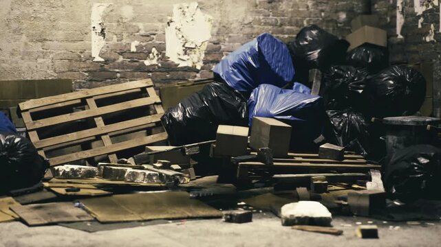 Scattered debris fills a dimly lit alleyway, showcasing a mix of garbage bags and wooden pallets. The rough walls around tell stories of neglect and urban decay, inviting reflection.