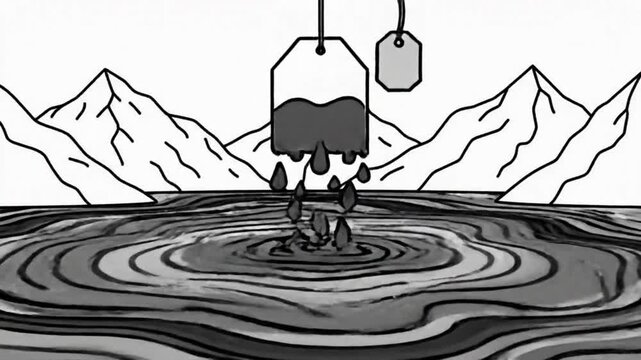 Black and white animation of a teabag in water with ripples, mountains in background, minimalist style