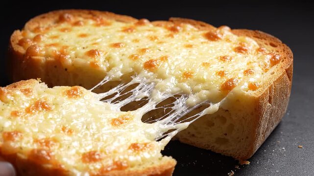 Hand pulling a slice of cheesy garlic bread with melted cheese stretching.
