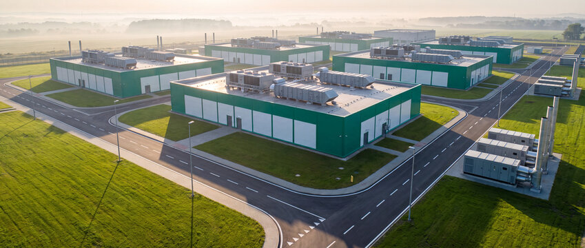 Modern data center complex aerial view featuring green industrial buildings with rooftop cooling systems, asphalt access roads, and generators for cloud computing and IT infrastructure