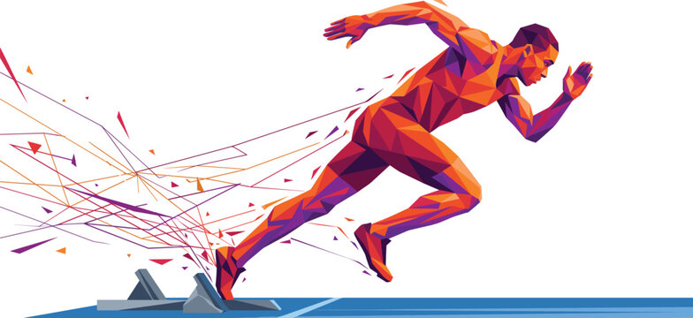Male sprinter exploding off starting blocks low poly colorful geometric vector illustration for athletic graphics
