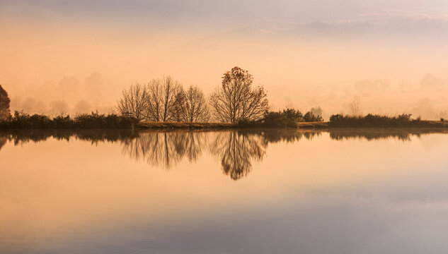 Golden sunrise mist drifting across reflective pond in magical atmosphere