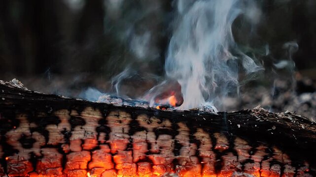 Close up of a burning log with glowing embers and smoke rising.