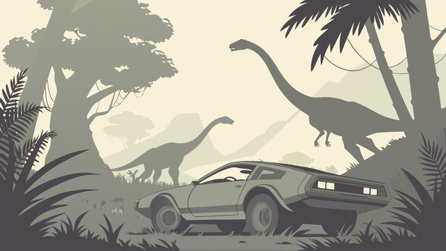 Dinosaurs in Desert and Forest Landscape with Silhouette Trees, Sunset Sky, Wild Nature Scene, Prehistoric Animals and Safari Adventure Vector Illustration
