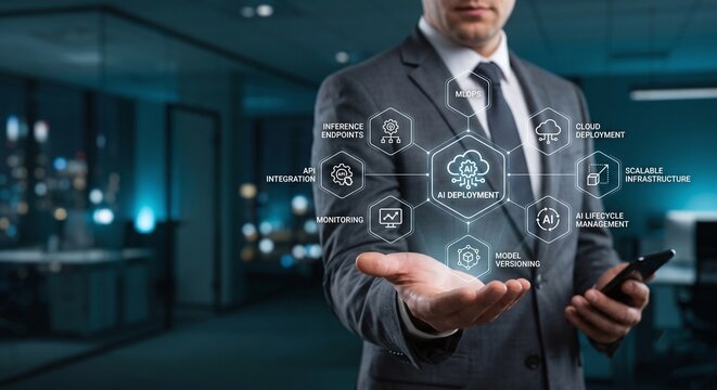 IT executive presenting a holographic MLOps and AI Deployment scalable infrastructure dashboard