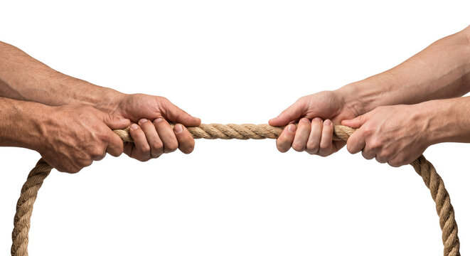 Two hands pull a thick rope in tug of war game, isolated on white background