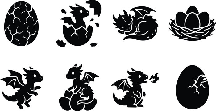 Dragon egg and baby dragon silhouette designs in fantasy style