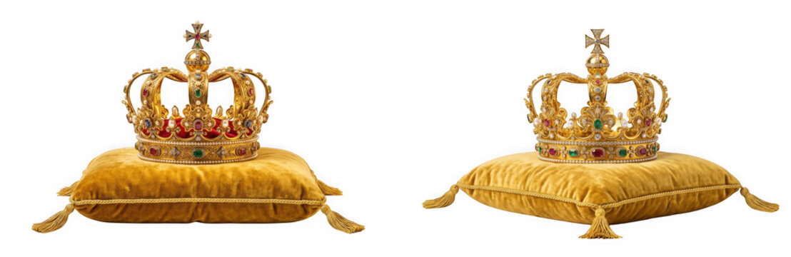 Two ornate golden royal crowns resting on velvet cushions isolated on transparent background