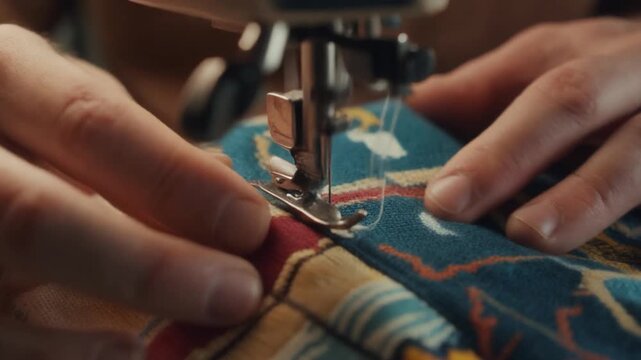 Sewing Machine Stitching Colorful Patterned Fabric