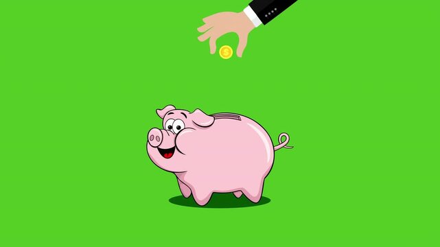Cute cartoon pink piggy bank animation with a hand dropping a gold dollar coin on a chroma key green screen background for finance and savings concepts. 4K video with alpha channel