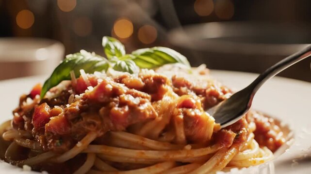 Plate of spaghetti bolognese with fresh basil garnish.