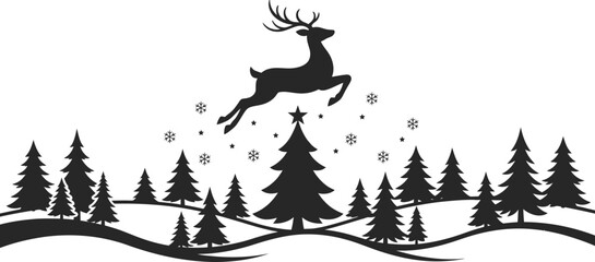 Silhouette of a jumping reindeer over a christmas tree forest isolated on white background © firoz