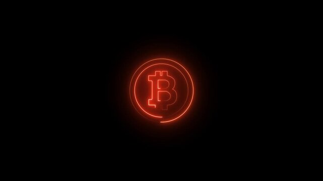 Glowing Neon Bitcoin Icon Animation on Black Background, Digital Cryptocurrency Payment Symbol and Blockchain Finance Motion Graphics 4K