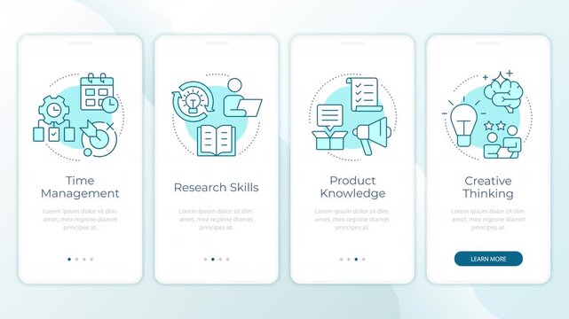 Essential workplace competencies animated onboarding mobile app screens. Corporate talent upskilling. UI layout animation with cyan line concept icons. Modern flat interface style motion graphics