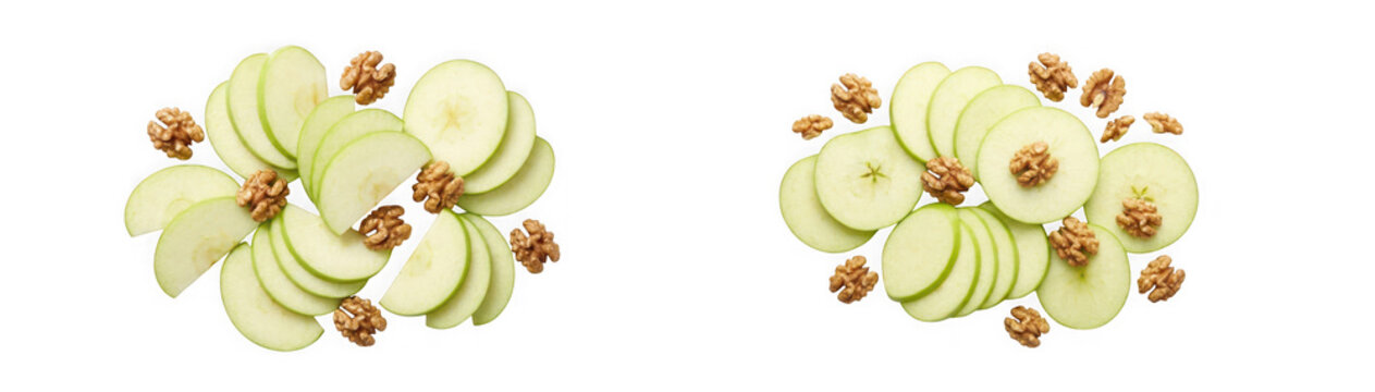 Two arrangements of fresh green apple slices and raw walnuts isolated on transparent background