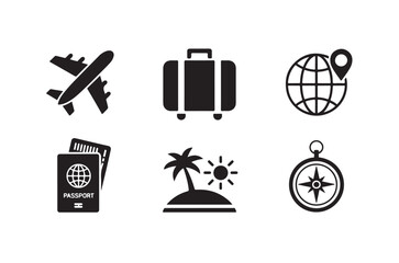 Fototapeta premium Travel icons airplane suitcase globe passport island compass vacation journey holiday trip symbols.