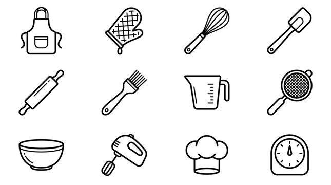 Baking Utensils Icons Set: Apron, Whisk, Rolling Pin, Mixer, Chef Hat, Measuring Cup, Spatula