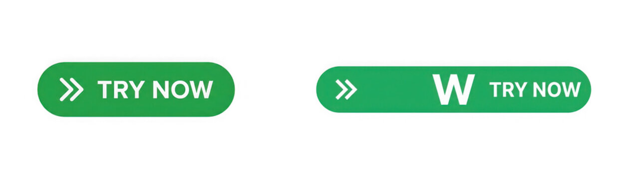 Green web buttons with try now text and arrow icons isolated on transparent background